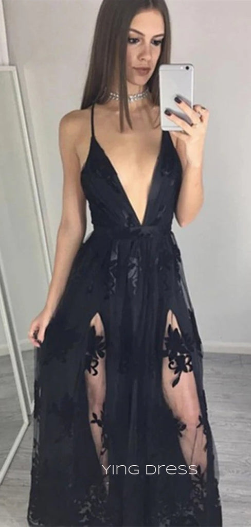 Deep V-neck A-line Black Tulle Long Evening Prom Dresses, Spaghetti Straps Prom Dress, YD0223