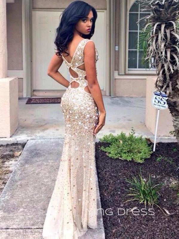 Formal Mermaid Beaded Side Slit Long Evening Prom Dresses, YD0224