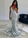 Silver Sequins Mermaid V-neck Long Evening Prom Dresses, Spaghetti Straps Prom Dress, YD0227