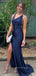 Navy Bue Satin Mermaid Side Slit Long Evening Prom Dresses, YD0230