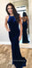 Backless Mermaid Blue Velvet Long Evening Prom Dresses, YD0233