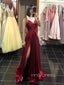 A-line Dark Red Satin Spaghetti Straps Side Slit Long Evening Prom Dresses, YD0239