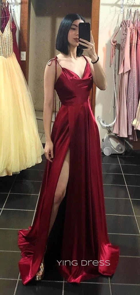 A-line Dark Red Satin Spaghetti Straps Side Slit Long Evening Prom Dresses, YD0239