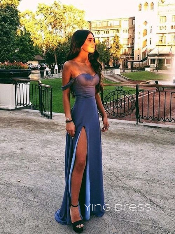 Off Shoulder Sweetheart Blue Side Slit Long Evening Prom Dresses, YD0240