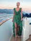 Emerald Green Chiffon V-neck Side Slit Long Evening Prom Dresses, YD0241