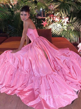 A-line Hot Pink Strapless Side Slit Long Evening Prom Dresses, YD0245