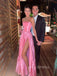 A-line Hot Pink Strapless Side Slit Long Evening Prom Dresses, YD0245