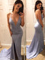 Deep V-neck Satin Spaghetti Straps Side Slit Long Evening Prom Dresses, Mermaid Prom Dress, YD0247