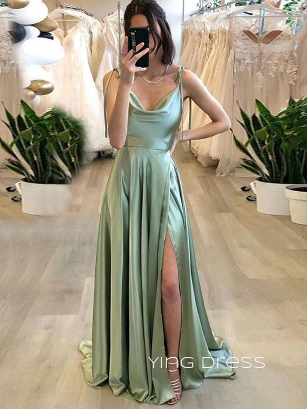 Sage Green Satin High Slit Long Evening Prom Dresses, A-line Prom Dress, YD0251