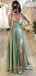 Sage Green Satin High Slit Long Evening Prom Dresses, A-line Prom Dress, YD0251