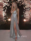 Sparkly Silver Grey A-line Long Evening Prom Dresses, High Slit Prom Dress, YD0253