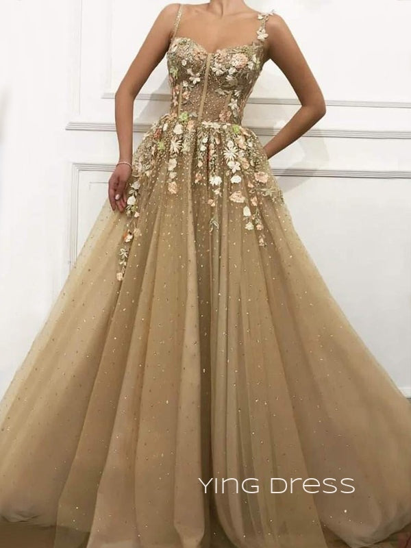 Gorgeous A-line Tulle Appliques Long Evening Prom Dresses, Spaghetti Straps Prom Dress, YD0254