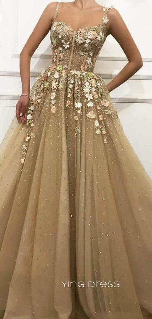 Gorgeous A-line Tulle Appliques Long Evening Prom Dresses, Spaghetti Straps Prom Dress, YD0254