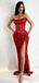 Strapless Red Sequins Mermaid Long Evening Prom Dresses, Side Slit Prom Dress, YD0256