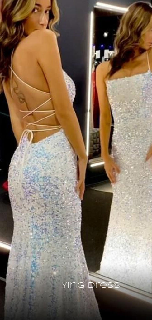 Mermaid Sequins Spaghetti Straps Long Evening Prom Dresses, Backless Prom Dress, YD0257