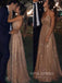 A-line Gold Sequins Spaghetti Straps Long Evening Prom Dresses, Deep V-neck Prom Dress, YD0259