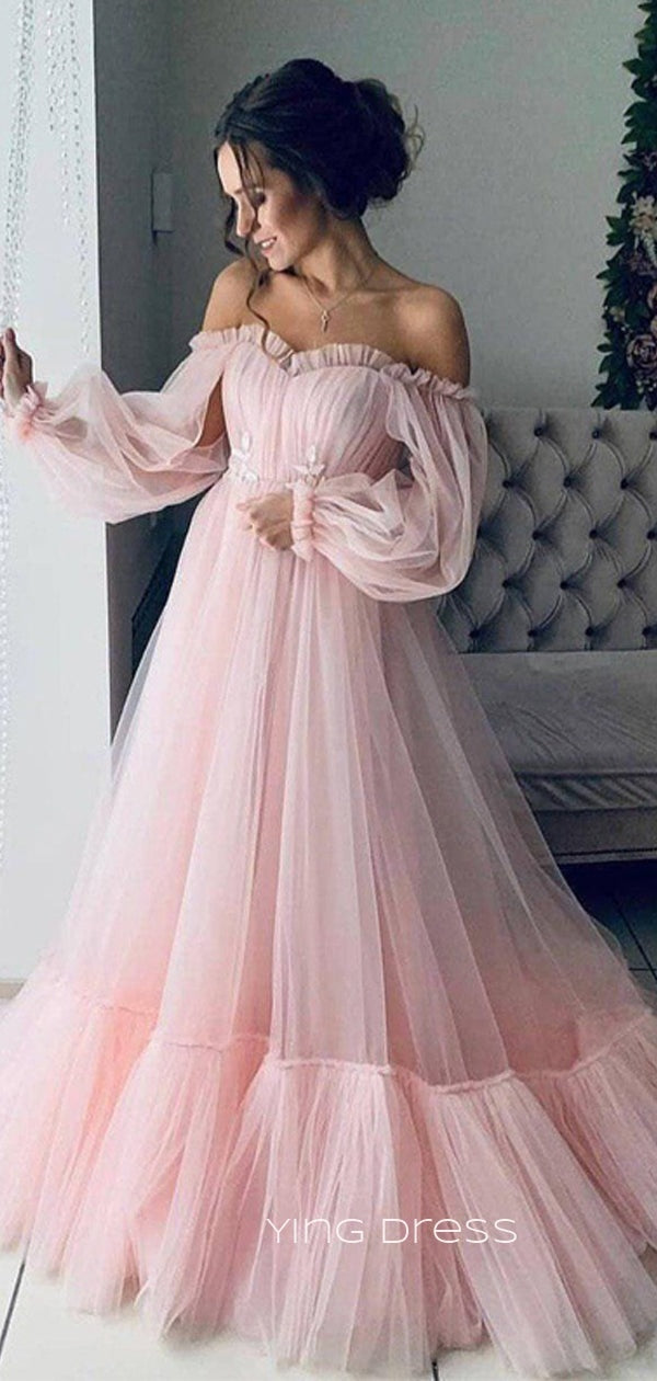 Pink Tulle A-line Off Shoulder Long Evening Prom Dresses, Long Sleeves Ying Dress Pink Tulle A-line Off Shoulder Long Evening Prom Dresses, Long Sleeves Ying Dress
