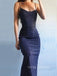 Sheath Dark Navy Blue Mermaid Long Evening Prom Dresses, Spaghetti Straps Prom Dress, YD0262