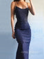 Sheath Dark Navy Blue Mermaid Long Evening Prom Dresses, Spaghetti Straps Prom Dress, YD0262