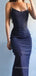 Sheath Dark Navy Blue Mermaid Long Evening Prom Dresses, Spaghetti Straps Prom Dress, YD0262