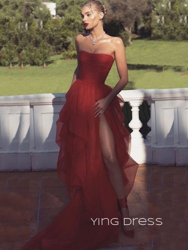 Strapless Red Side Slit Long Evening Prom Dresses, YD0263