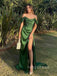 Off Shoulder Emerald Green Satin Long Evening Prom Dresses, High Slit Prom Dress, YD0266