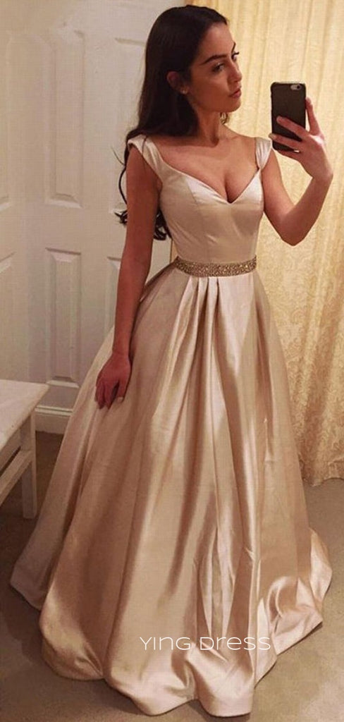 A-line Ivory Satin Beaded Long Evening Prom Dresses, V-neck Wedding Dress, YD0268