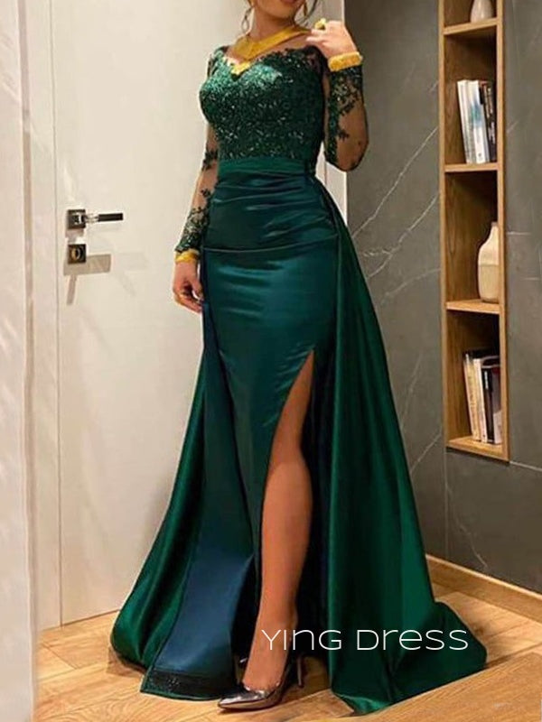 Two Pieces Green Satin Appliques Long Evening Prom Dresses, Long Sleeves Prom Dress, YD0271