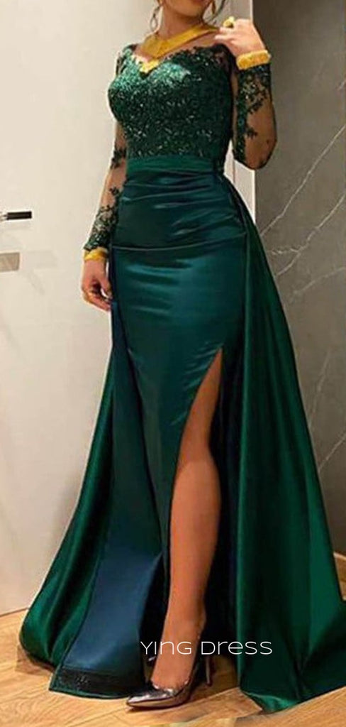 Two Pieces Green Satin Appliques Long Evening Prom Dresses, Long Sleeves Prom Dress, YD0271