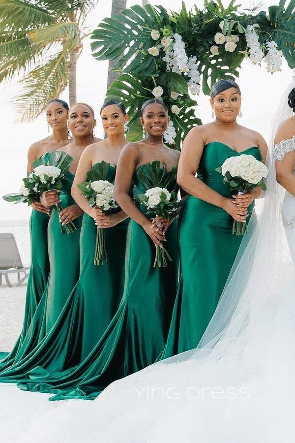 Mermaid Strapless Emerald Green Satin Cheap Long Bridesmaid Dresses , YDB0002