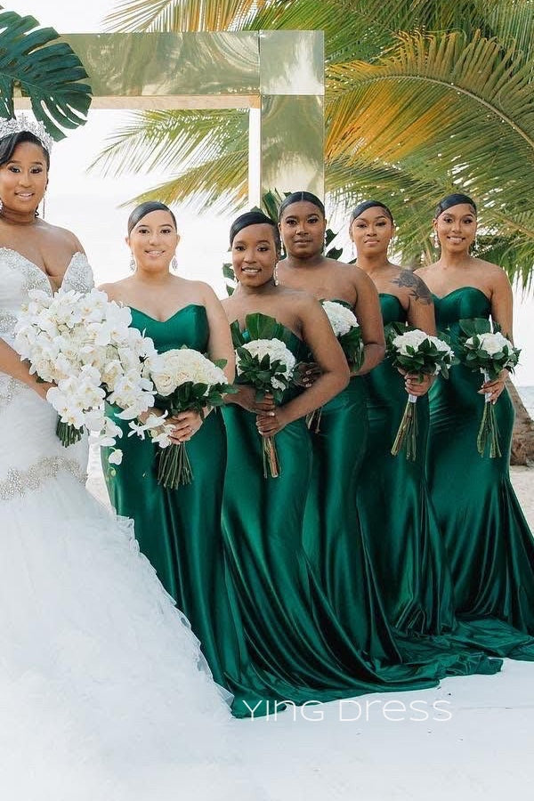 Mermaid Strapless Emerald Green Satin Cheap Long Bridesmaid Dresses , YDB0002