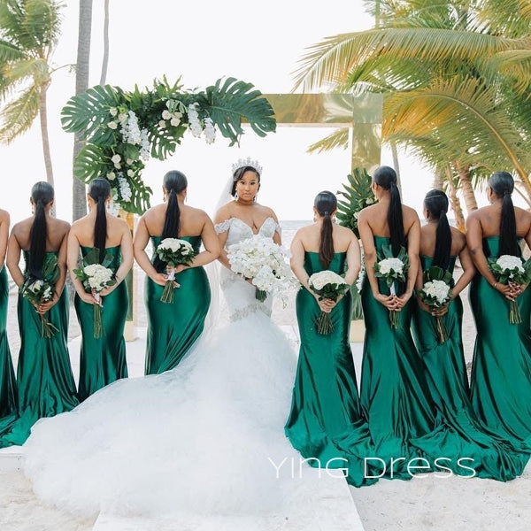 Mermaid Strapless Emerald Green Satin Cheap Long Bridesmaid Dresses , YDB0002